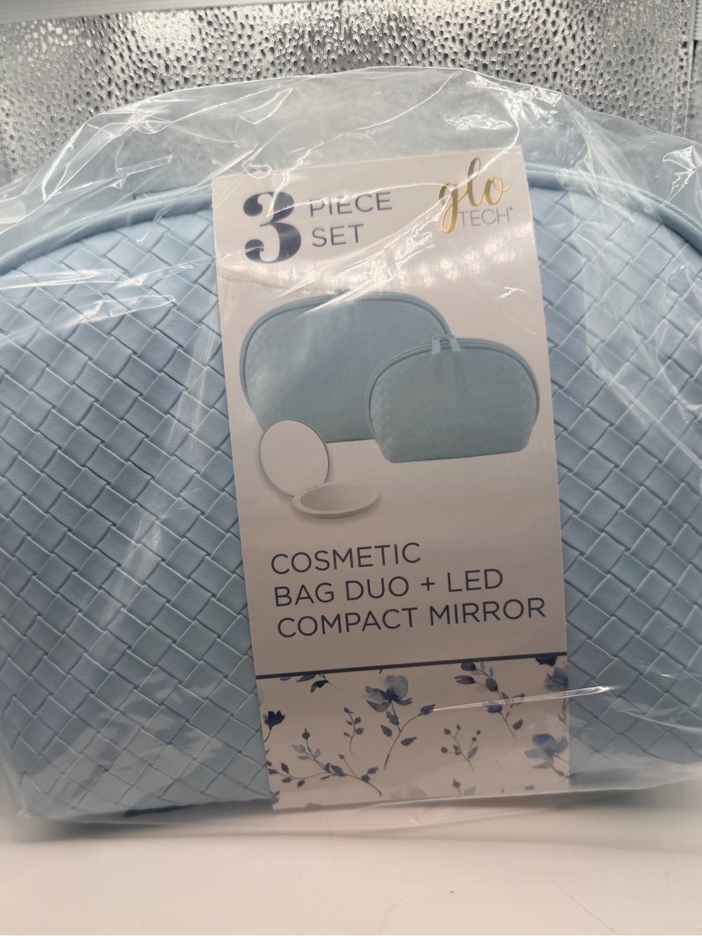 Light Blue Cosmetic Bag Duo with LED Mirror
